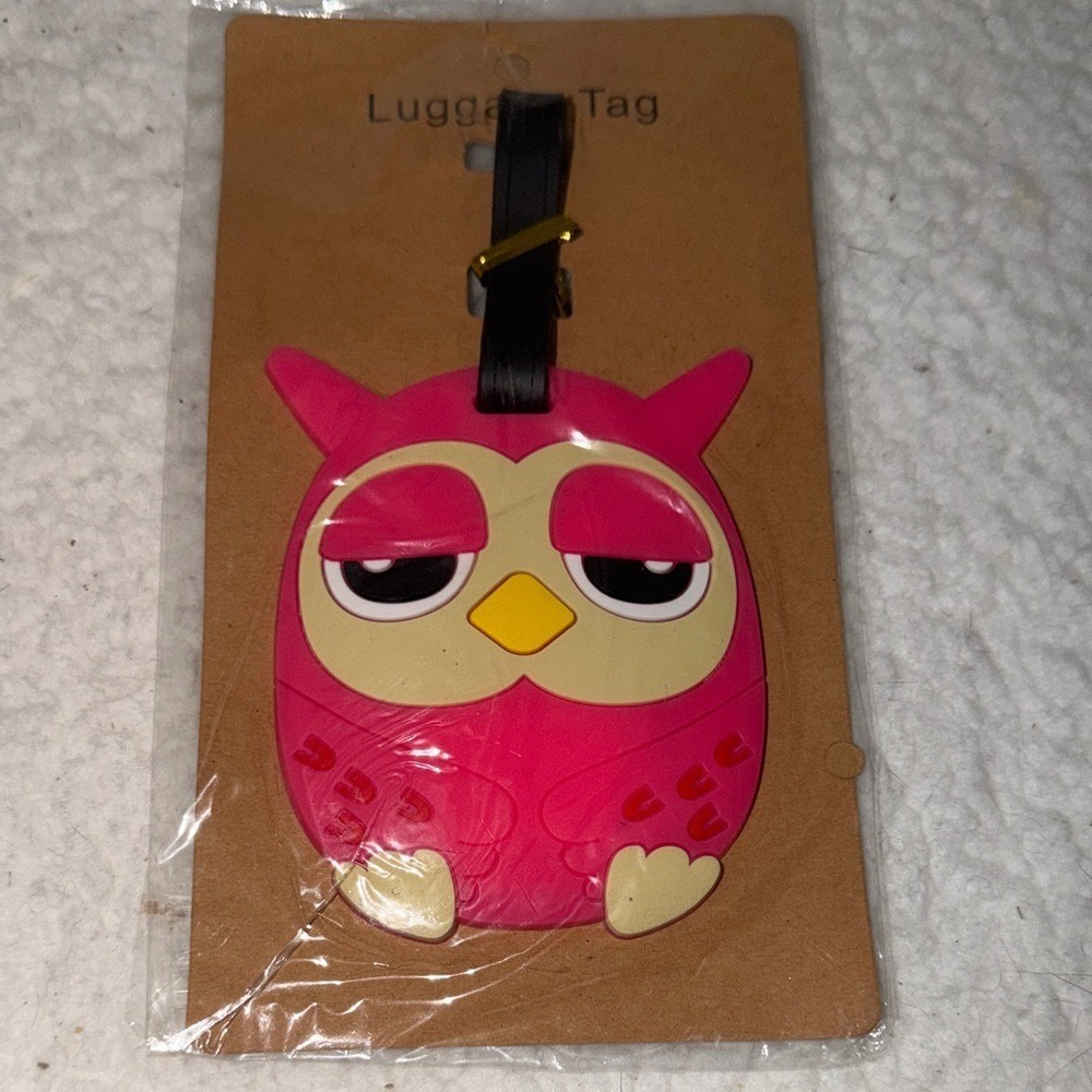 Pink Owl Luggage Tag Whimsical Sleepy Bird Travel Suitcase ID Accessory NEW